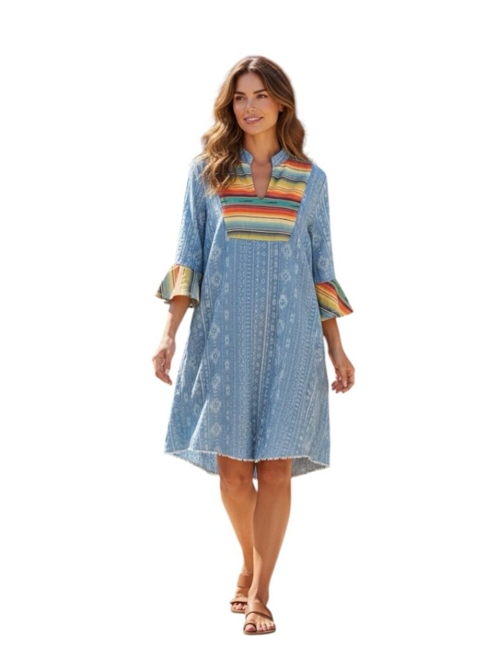 Womens XL Southwest Aztec Serape Tunic Top Bell Sleeve Boho Western Fringe